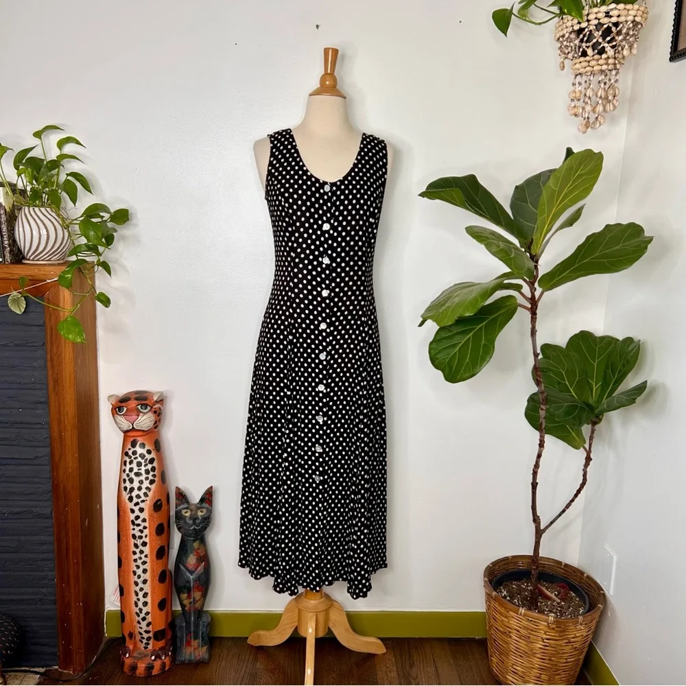 Vintage black and White Polka Dot button front midi Dress - Picture 1 of 5